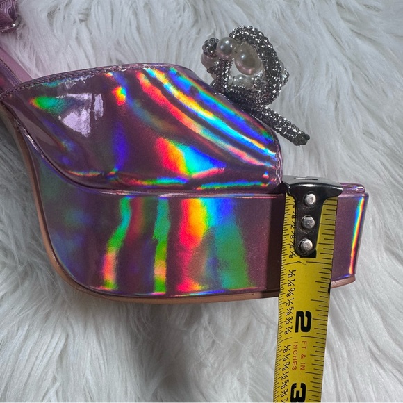 Dolls Kill • Iridescent Pink Lace Up Pyramid Heels - Picture 8 of 16